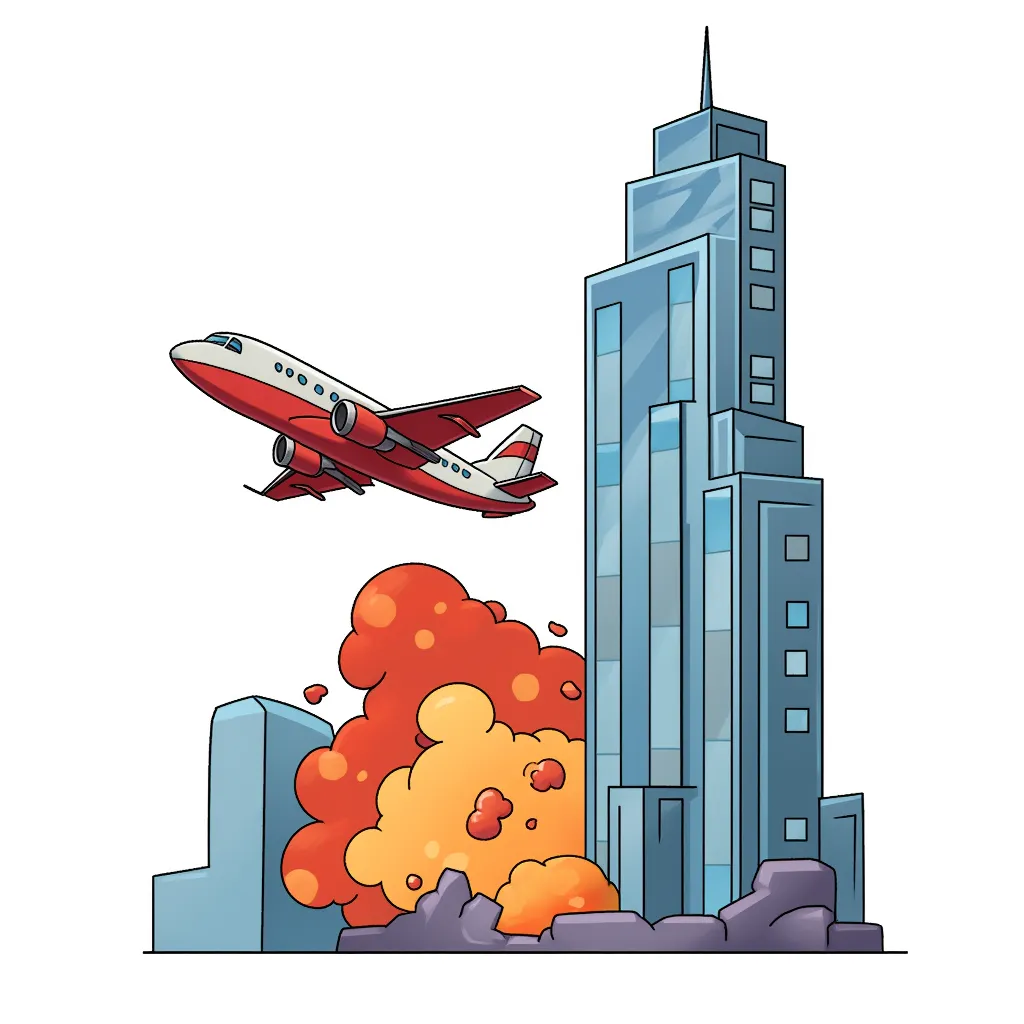plane flying next to tall building, explosion fire