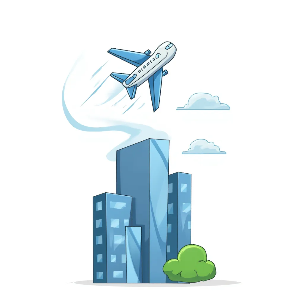 plane flying into tall building in the style of AIBG, white background