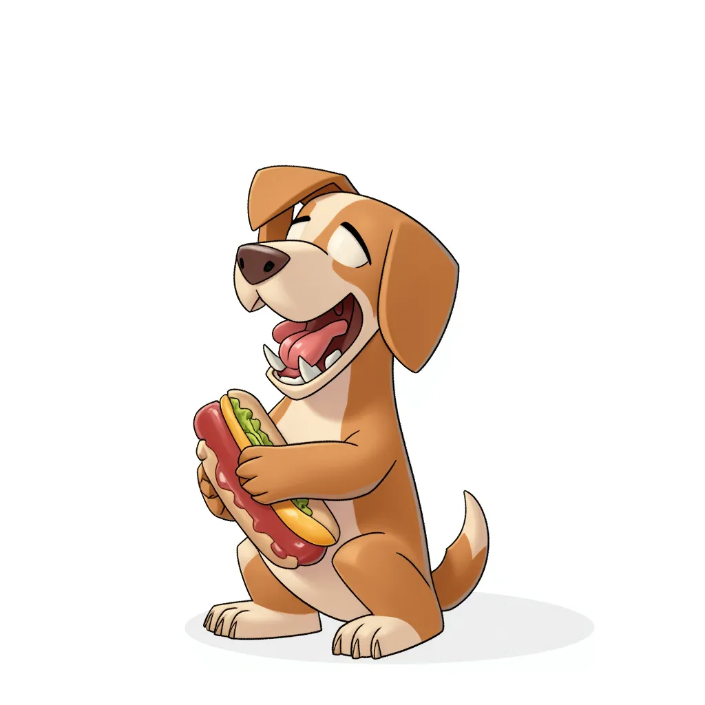 female kneeling mouth open facing dog standing up with a hot dog attached to its stomach