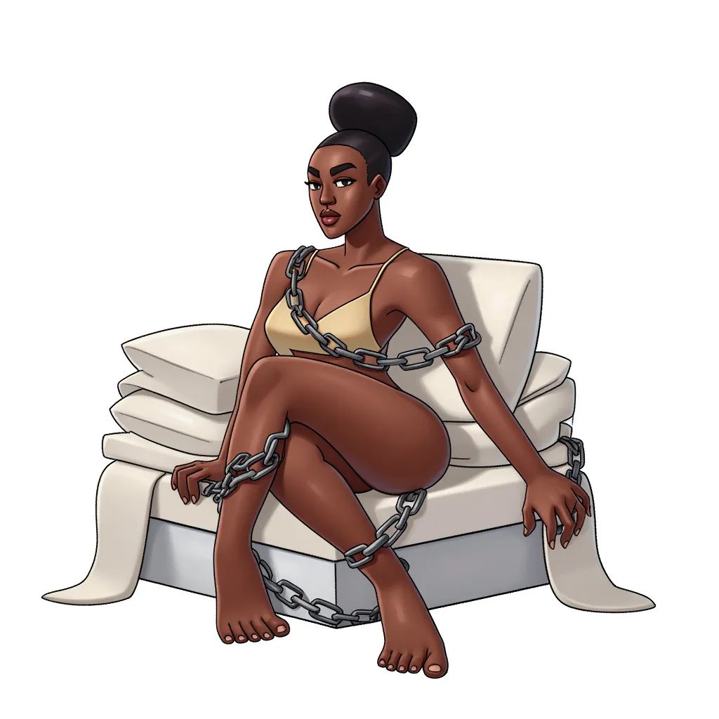 a black woman chained to a bed in the style of AIBG, white background