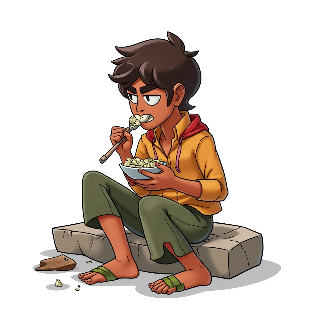 Slumdpg millionaire poor Indian boy on the down and out eating with his hands and feet