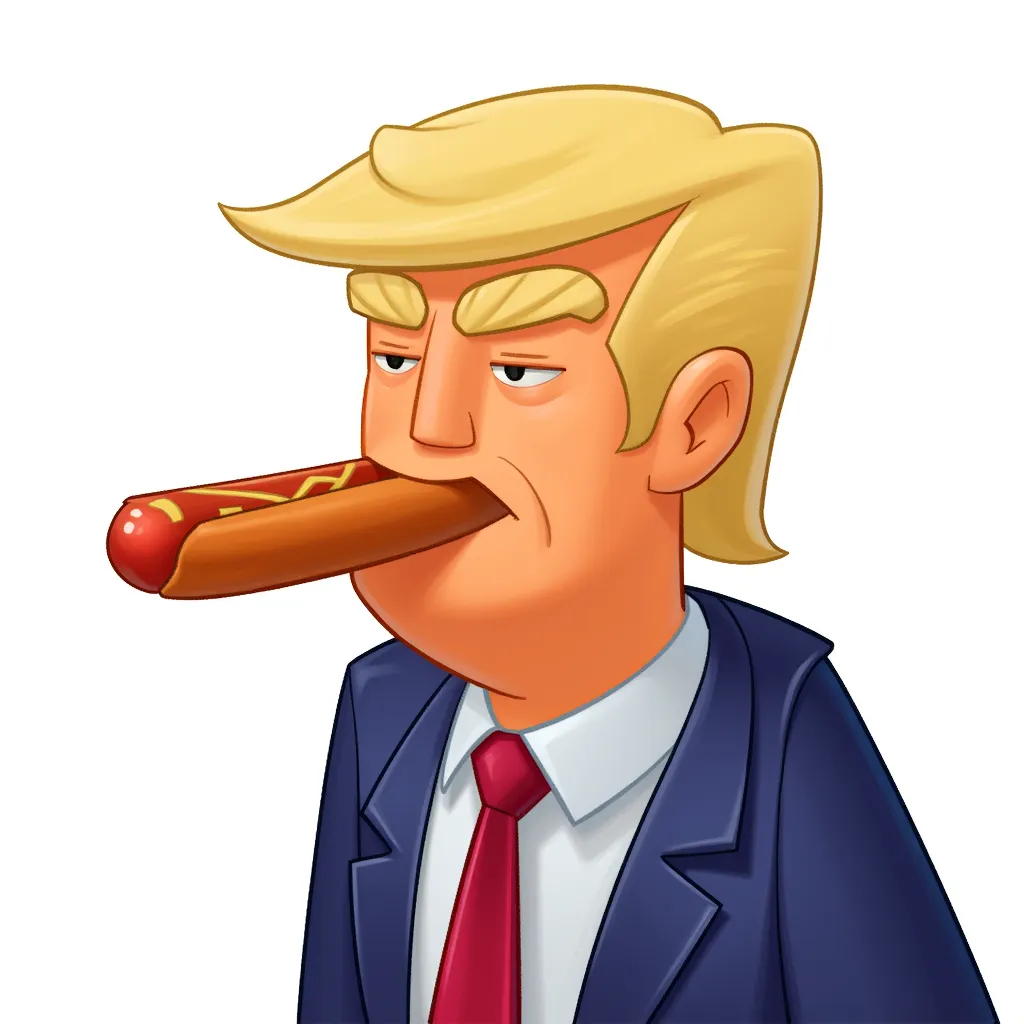 donald trump with hot dog in his mouth in the style of AIBG, white background