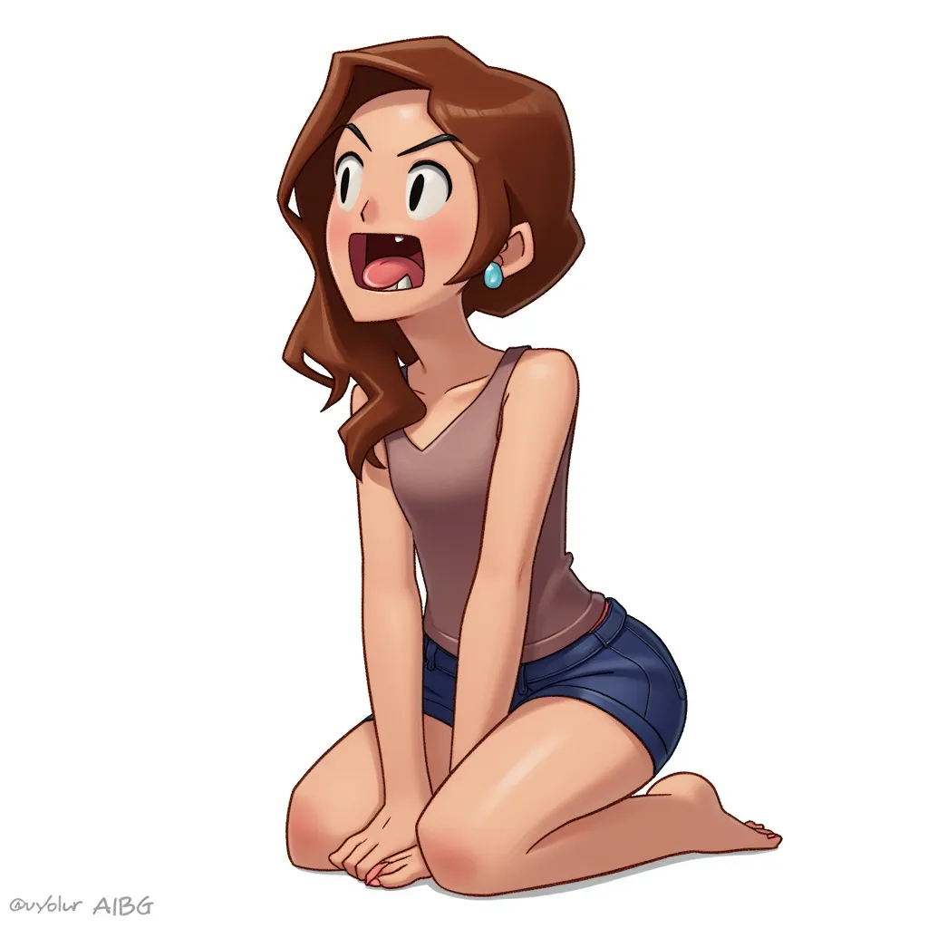 female kneeling, mouth open, tongue out, drooling