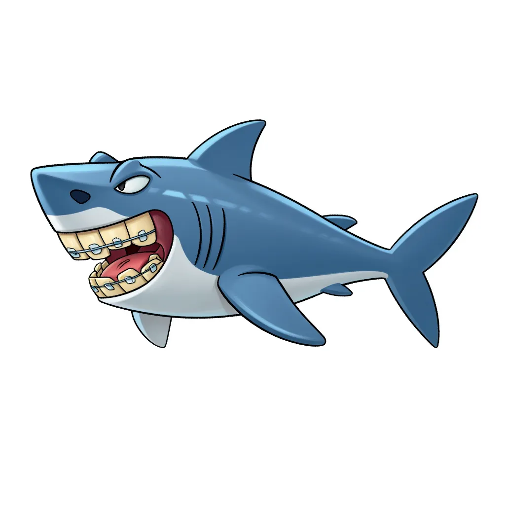 A fearsome blue shark, but he's still going through puberty so he is really akward and uses braces.
