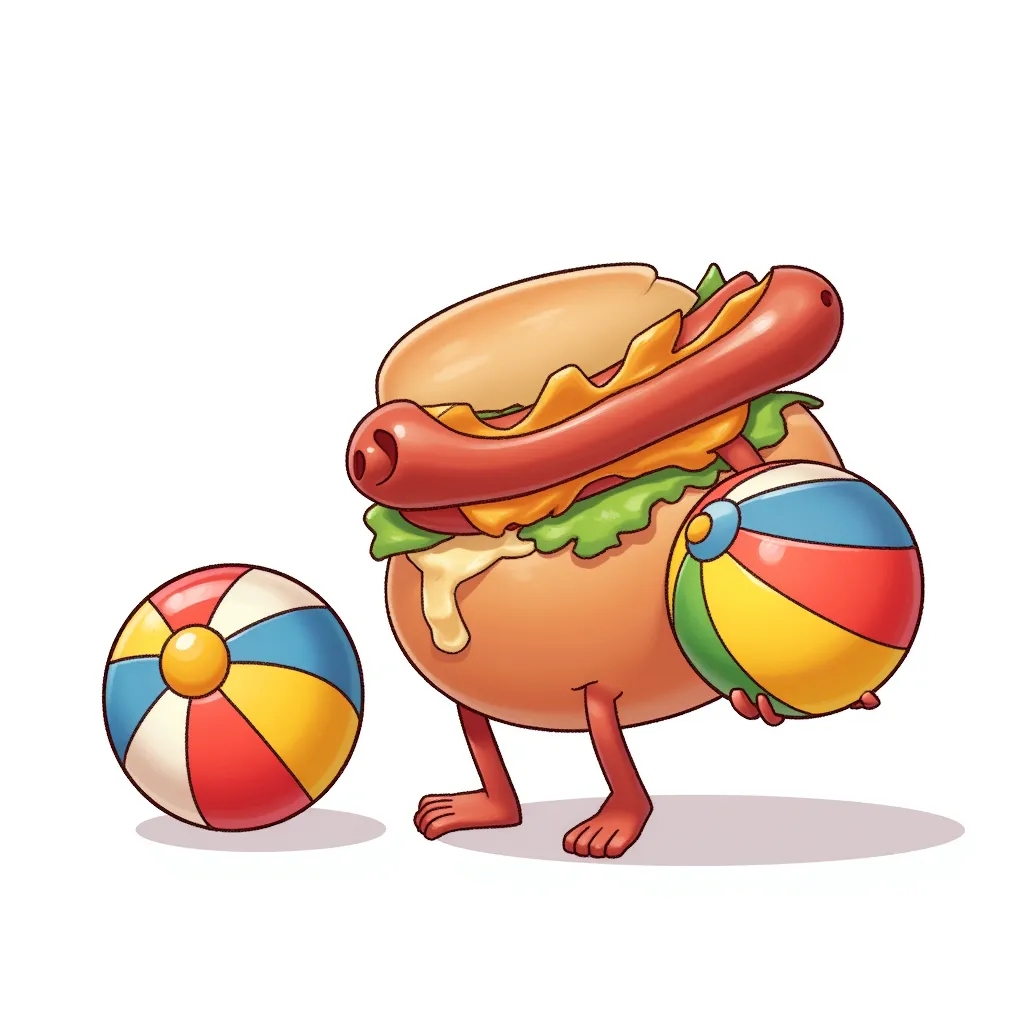 a hot dog with no bun and two beach balls at its feet