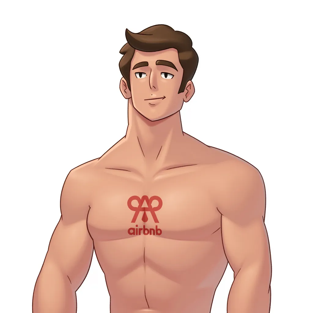 a shirtless man with the airbnb logo on his nipples