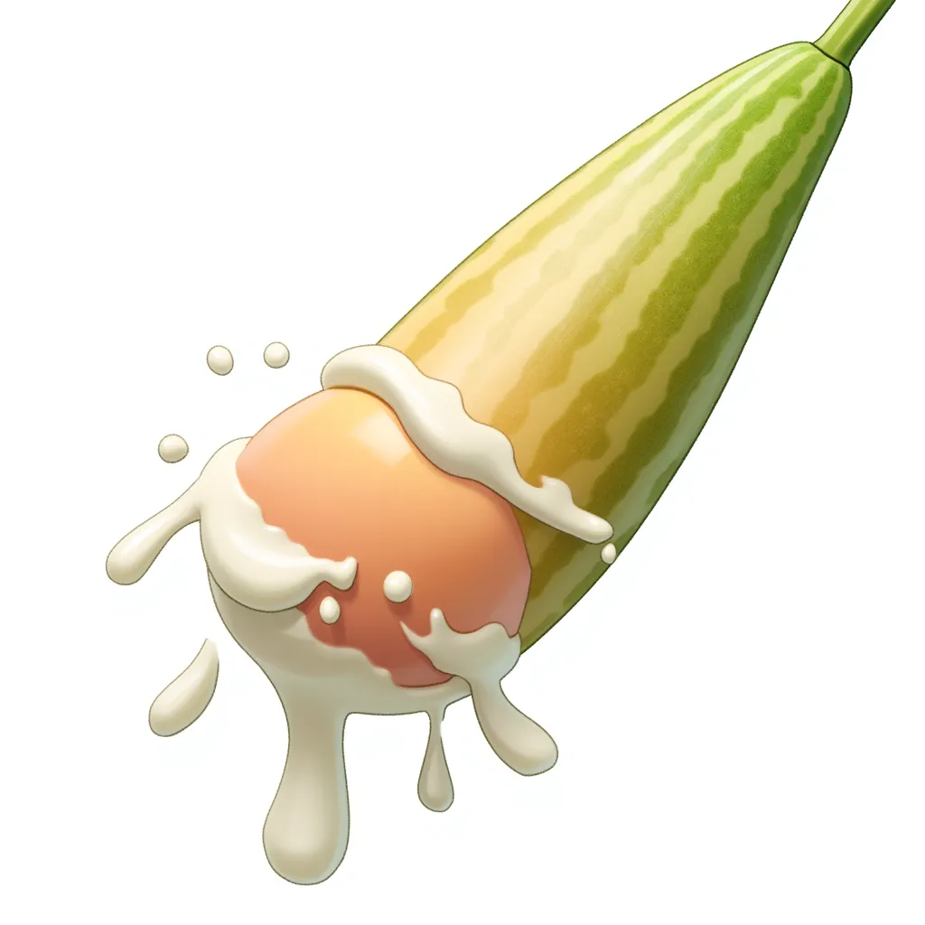 Huge penis-looking tan and veined cucumber accidentally chopped in half by a chain saw, instead of blood, white yogurt spills from the wounds at the bulging tip onto the peach ice cream center shaft