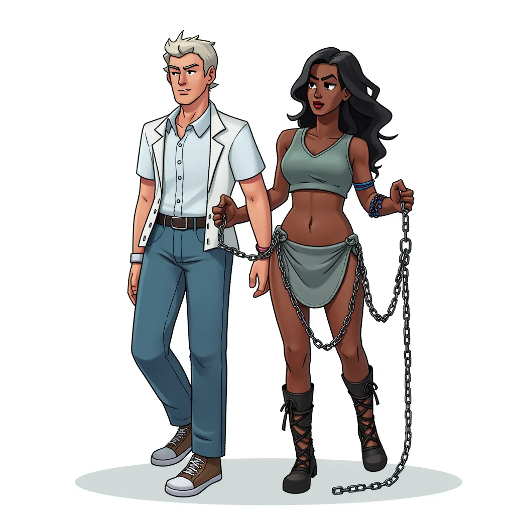 a white man escorting a black woman in chains