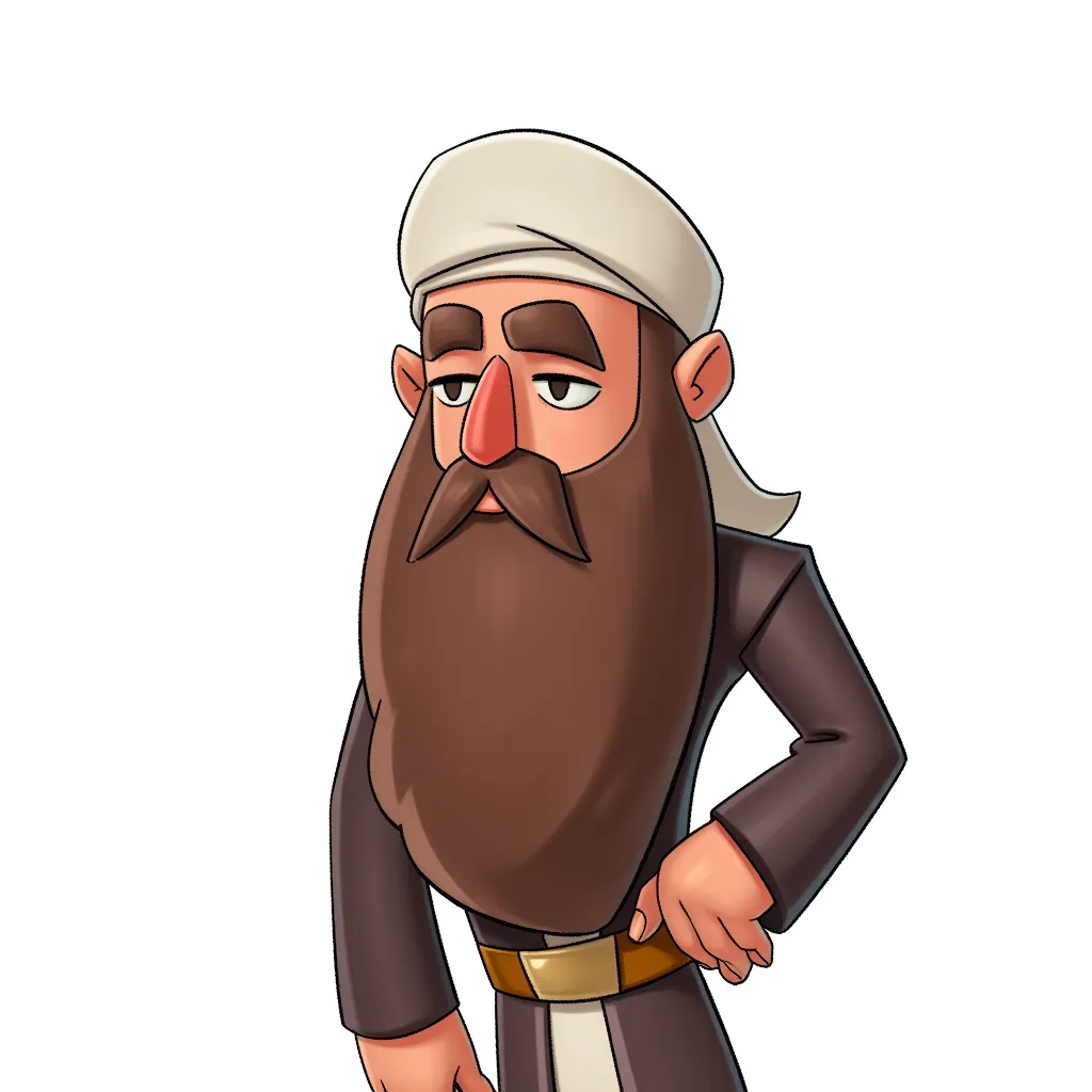 allah caricature, long beard, exaggerated in the style of AIBG, white background