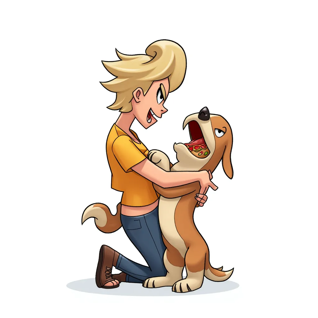 female kneeling mouth open facing dog standing up with a hot dog attached to its stomach in the style of AIBG, white background