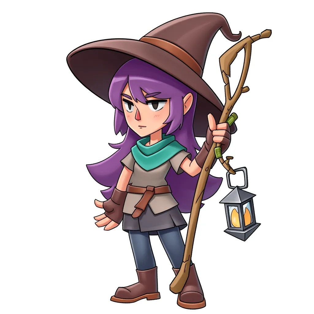 cartoon illustration of a young witch with long purple hair wearing a brown hat, teal scarf, brown gloves and boots, holding a wooden staff with a hanging lantern, confident expression, clean line art, soft digital shading, centered on white background, full body character, fantasy game style, chibi proportions