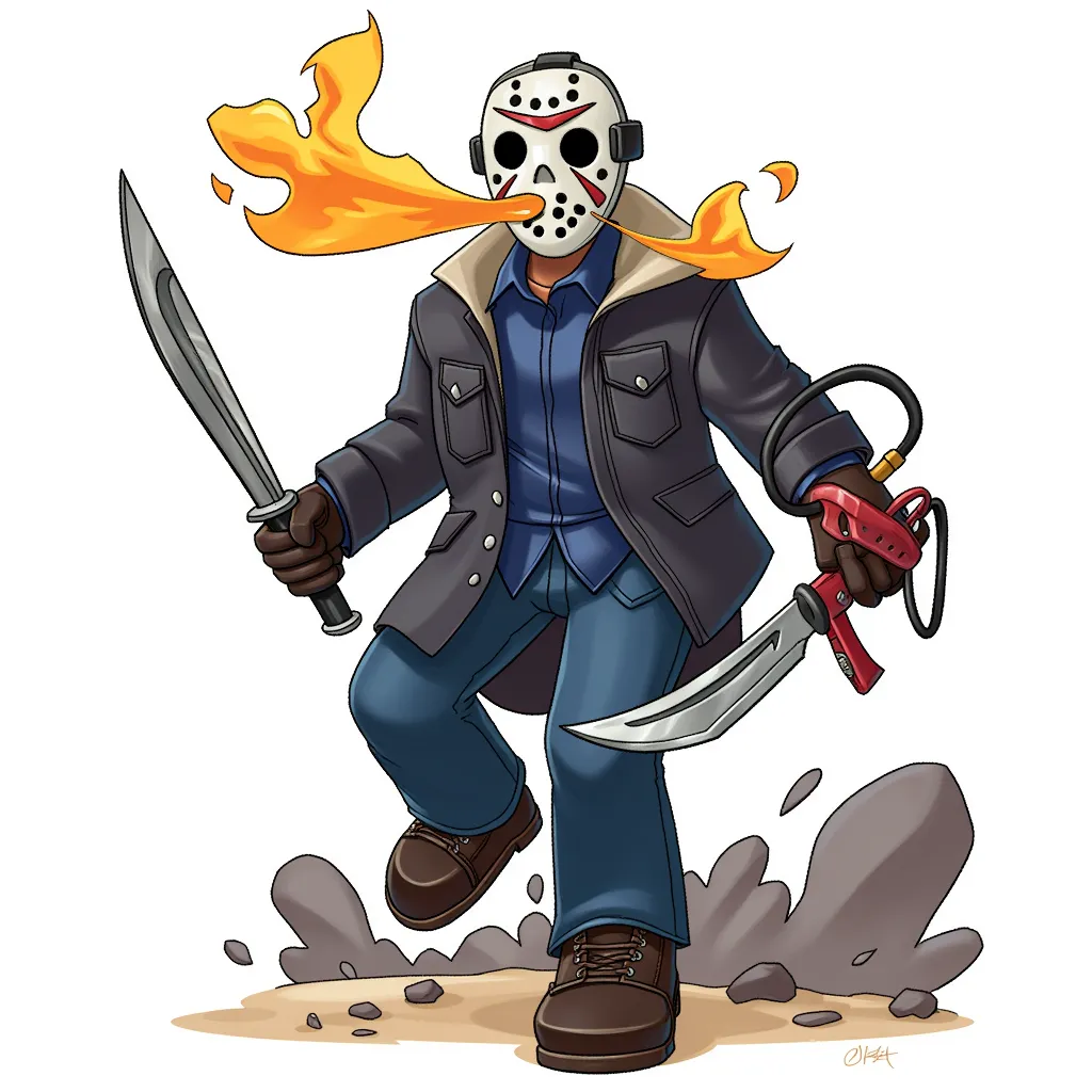 A white hockey mask with red markings, heavy breathing, gloves, a machete and a flame thrower are the last things his victims see before he comes for them.