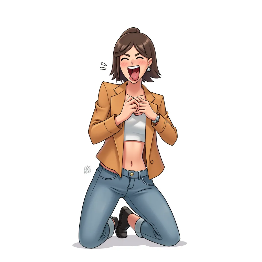 female kneeling, mouth open, tongue out in the style of AIBG, white background