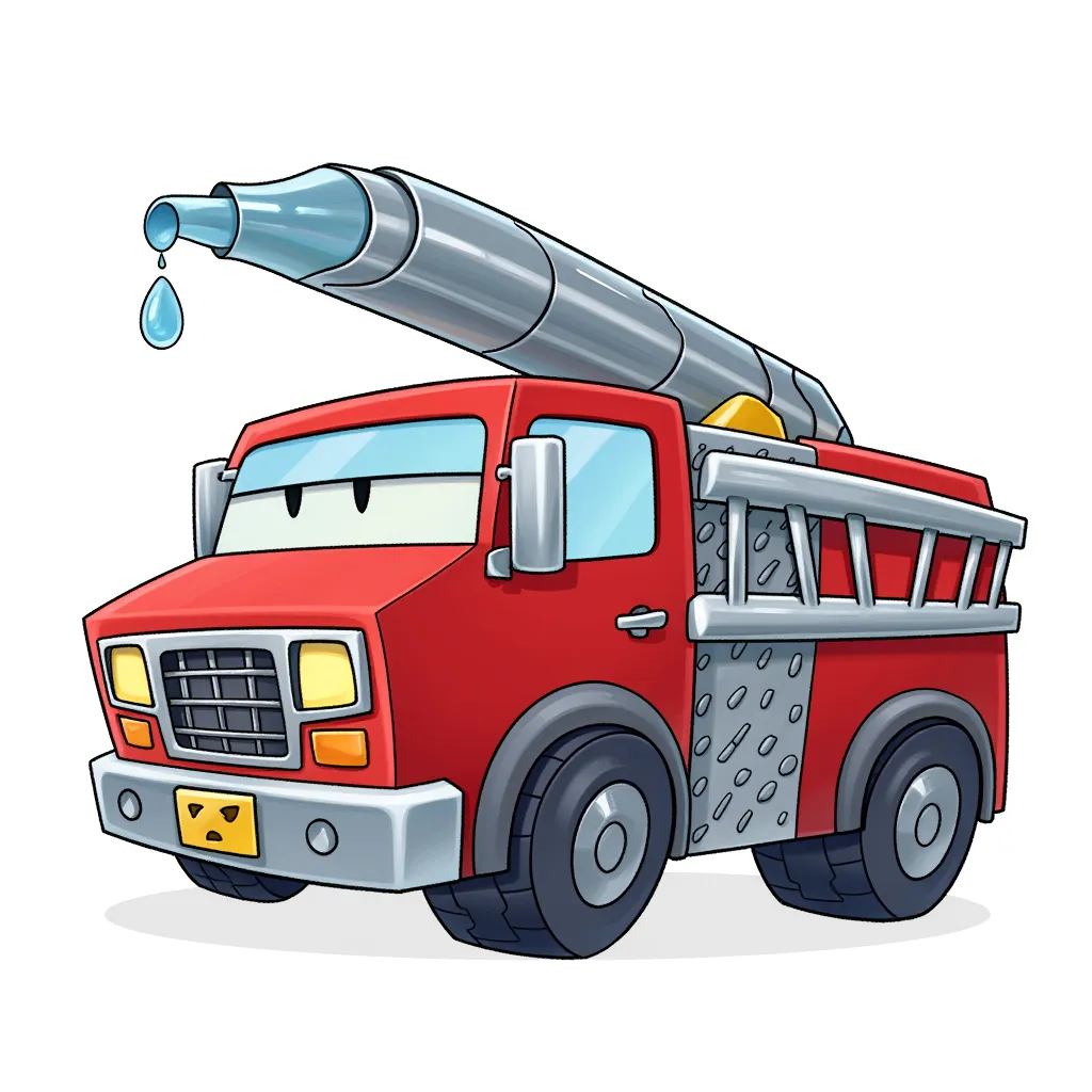 cartoon illustration of a red firetruck with angry eyes on the windshield, large metal water cannon on top spraying a drop of water, detailed wheels and metallic side panels, clean line art, flat digital shading, centered on white background, stylized chibi vehicle design, digital art