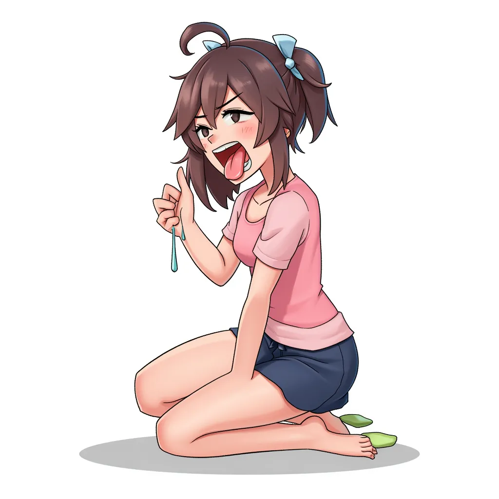 female kneeling, mouth open, tongue out, drooling