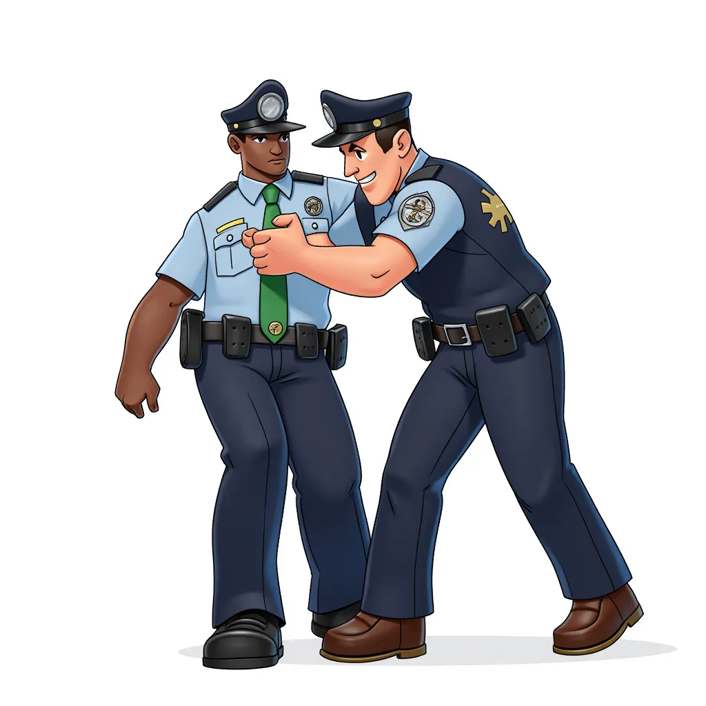 cop arresting a black man in the style of AIBG, white background