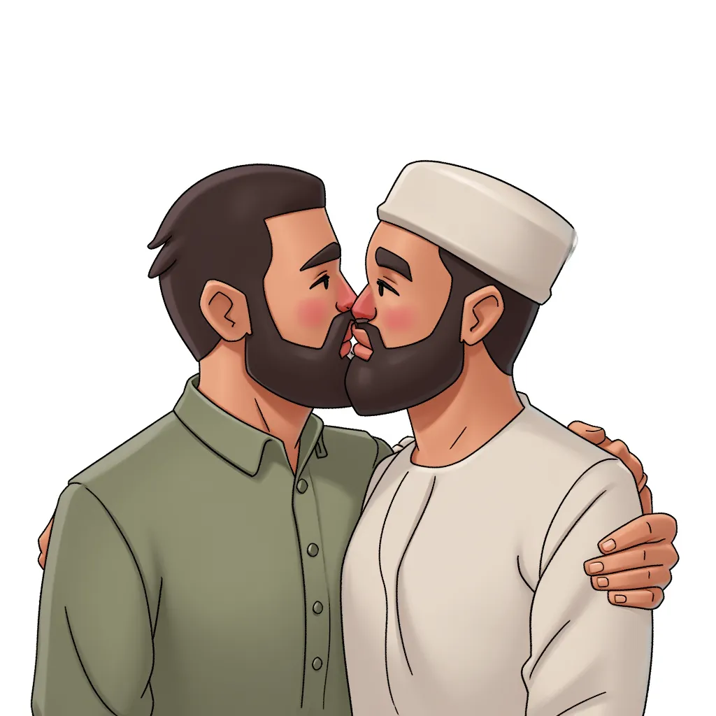two muslim men kissing
