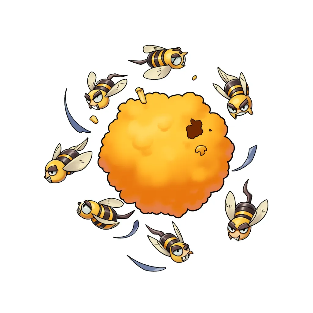 cartoon illustration of a swarm of small angry bees flying around a fuzzy orange beehive, dynamic composition with bees circling the hive, clean line art, soft digital shading, centered on white background, cute yet chaotic fantasy creature design, chibi proportions