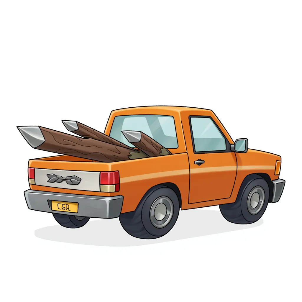 Construction pick up truck from the 90s, it carries two sharpened logs on it's trunk.