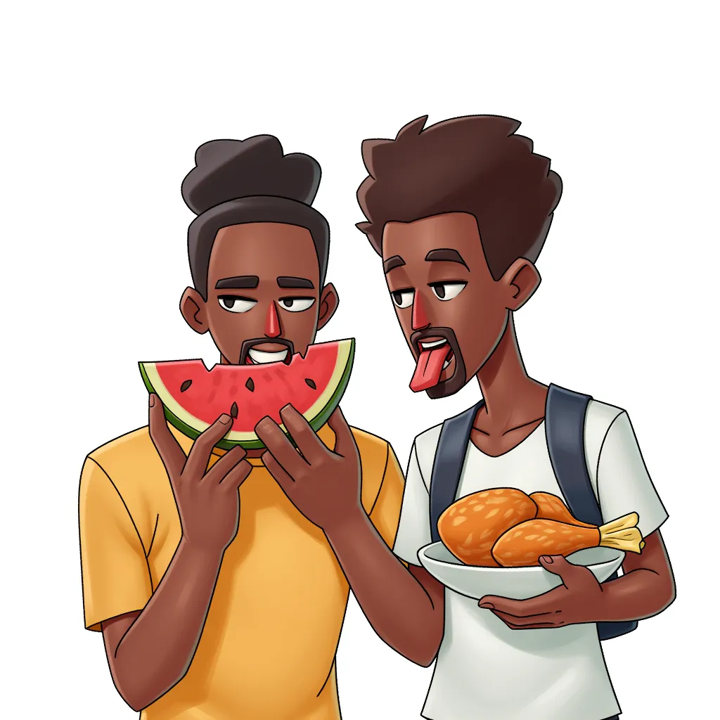 Black people enjoying watermelon and fried chicken
