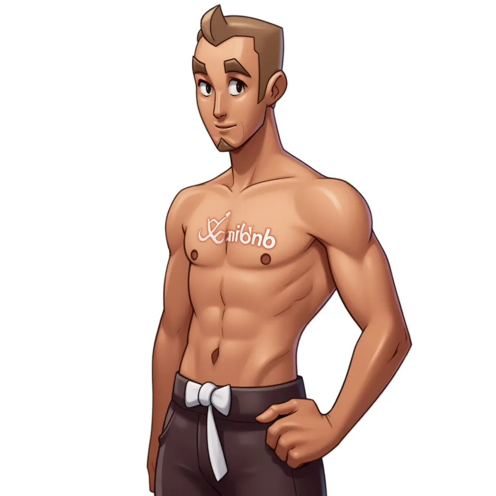 a shirtless man with the airbnb logo on his nipples in the style of AIBG, white background