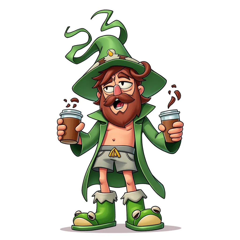 The coffee wizard is always full of energy. But he never uses it to change out of his undies and frog slippers.