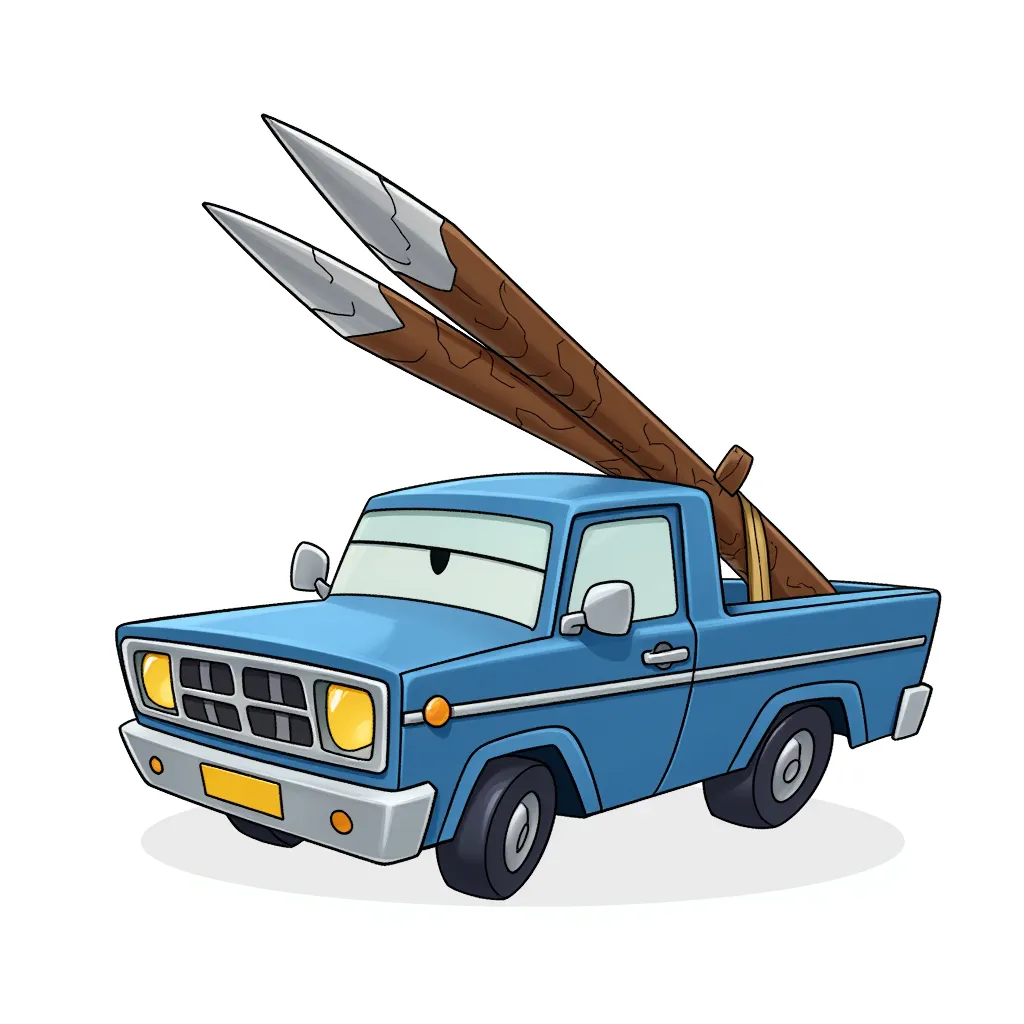 cartoon illustration of a blue pickup truck carrying two giant sharpened logs tied to the roof, determined expression on windshield, clean line art, flat digital shading, centered on white background, stylized chibi vehicle design, digital art