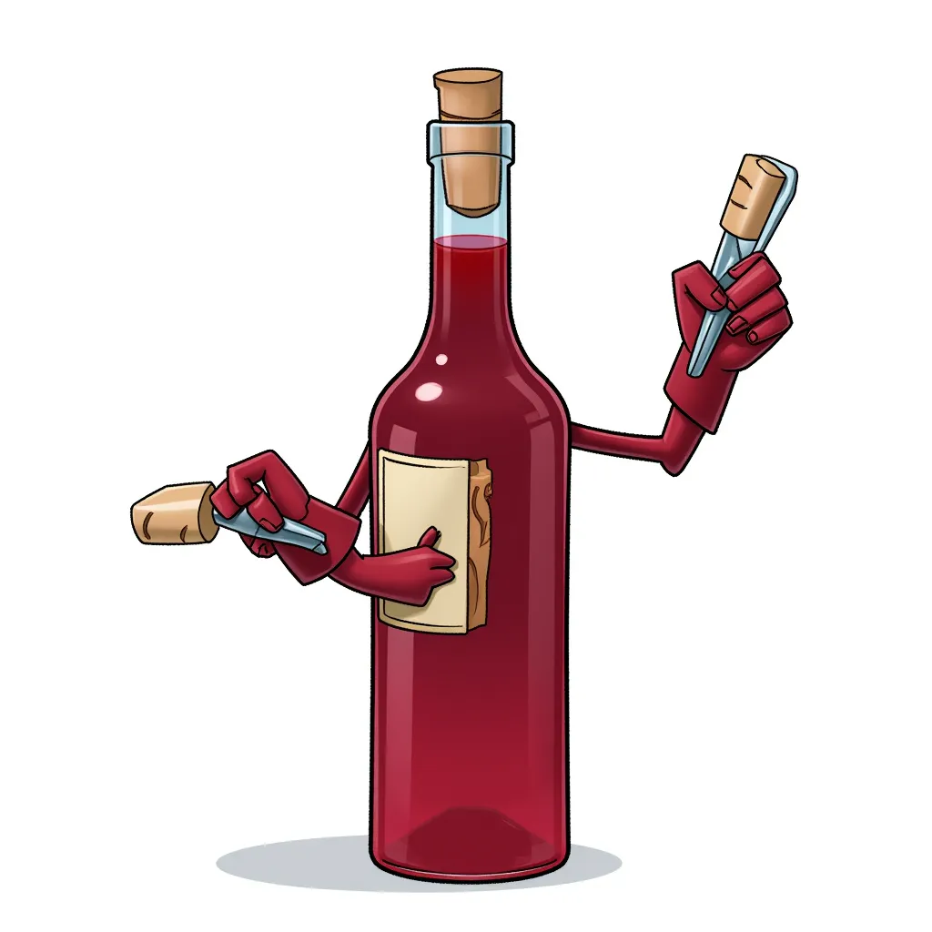 An animated bottle of red wine, with a cork gun and huge arms