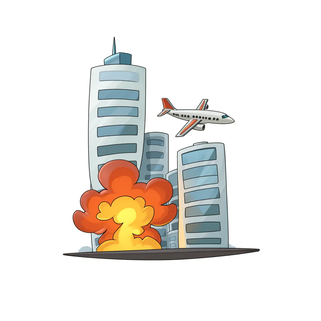 plane flying next to tall building, explosion fire