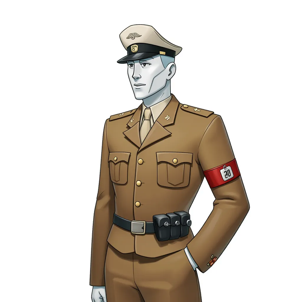 a white man in a tan SS uniform in the style of AIBG, white background