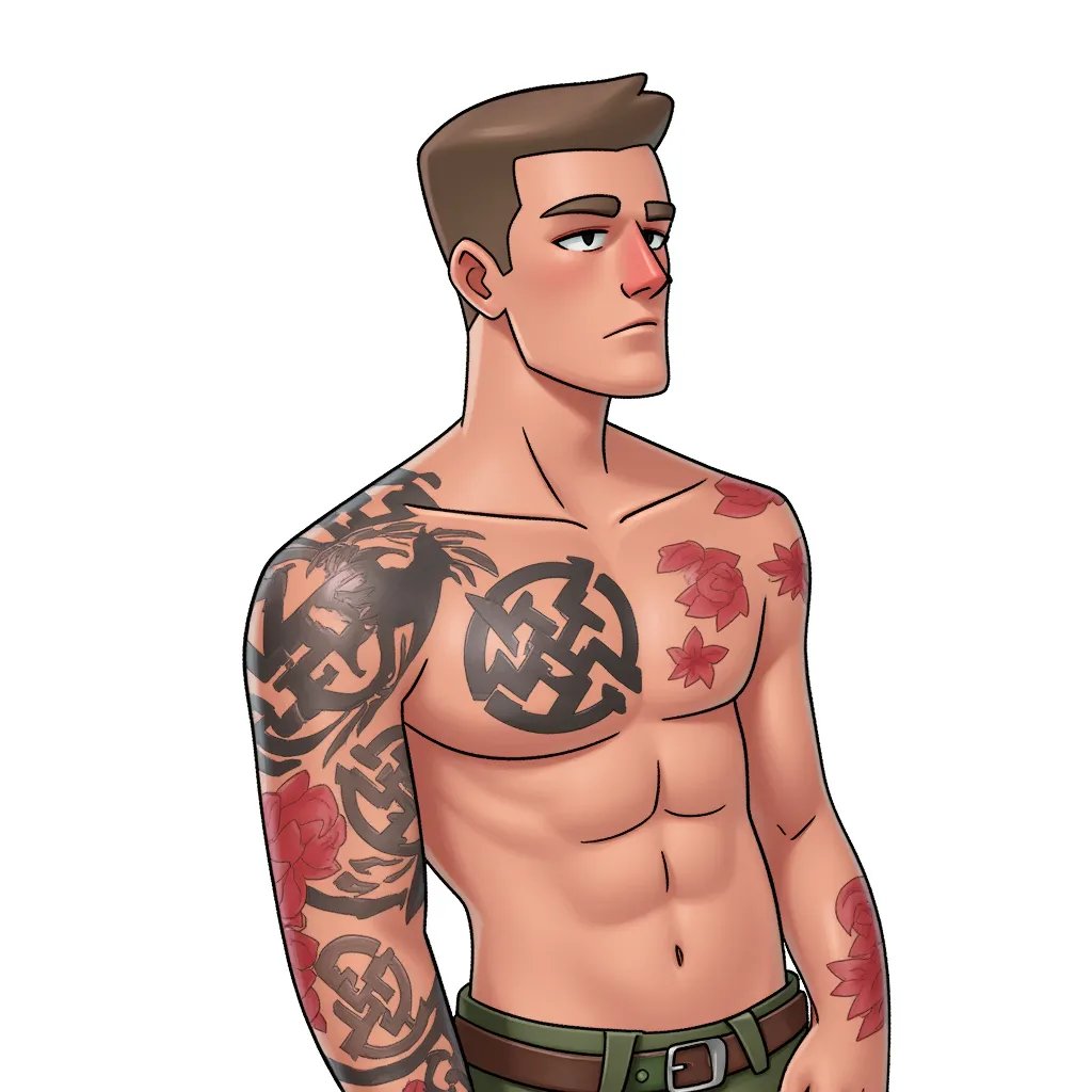 A naked man with Nazi tattoos