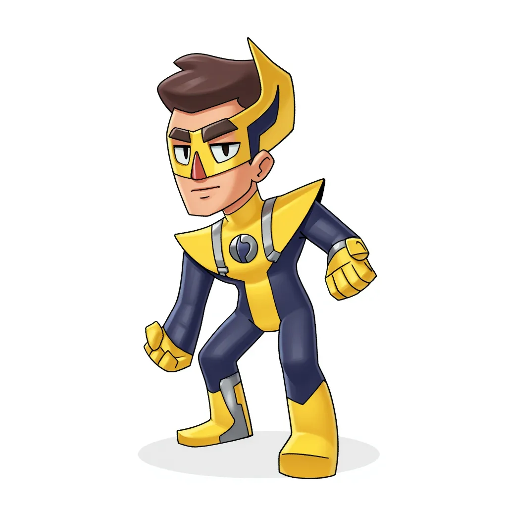 cartoon illustration of an athletic hero in a yellow and navy bodysuit crouched in a ready stance, brown hair visible under the mask, confident expression, clean line art, soft digital shading, centered on white background, stylized chibi superhero character, dynamic pose