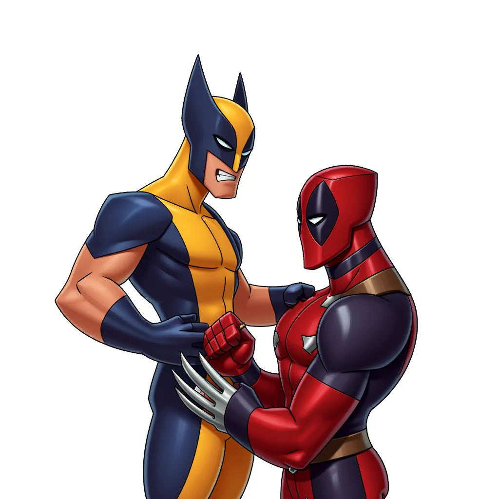 wolverine giving deadpool a handjob in the style of AIBG, white background