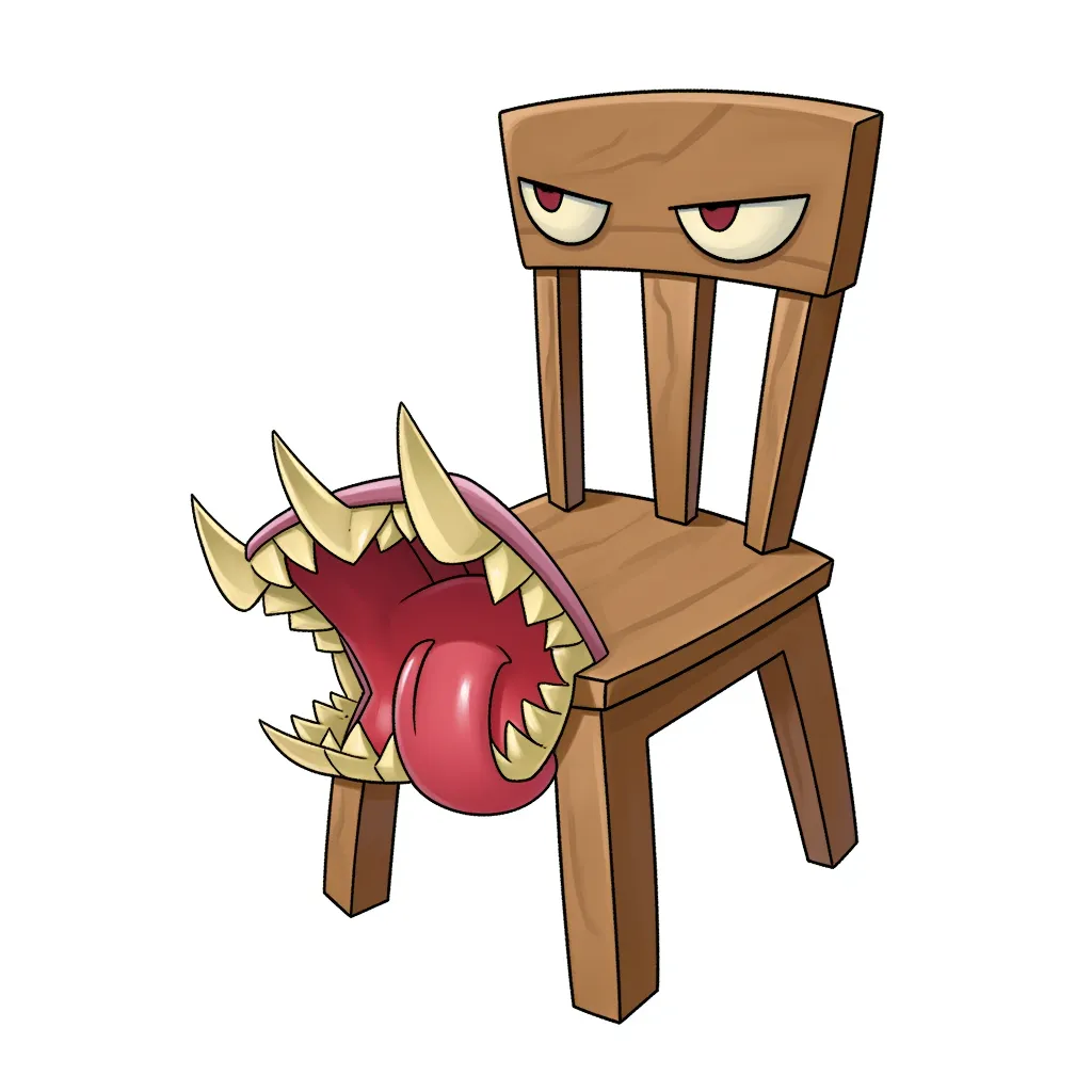 cartoon illustration of a wooden chair transformed into a monster with eyes on the backrest and a mouth full of teeth on the seat, long tongue hanging out, brown wood texture, clean line art, soft shading, centered on white background, humorous fantasy object design, chibi proportions