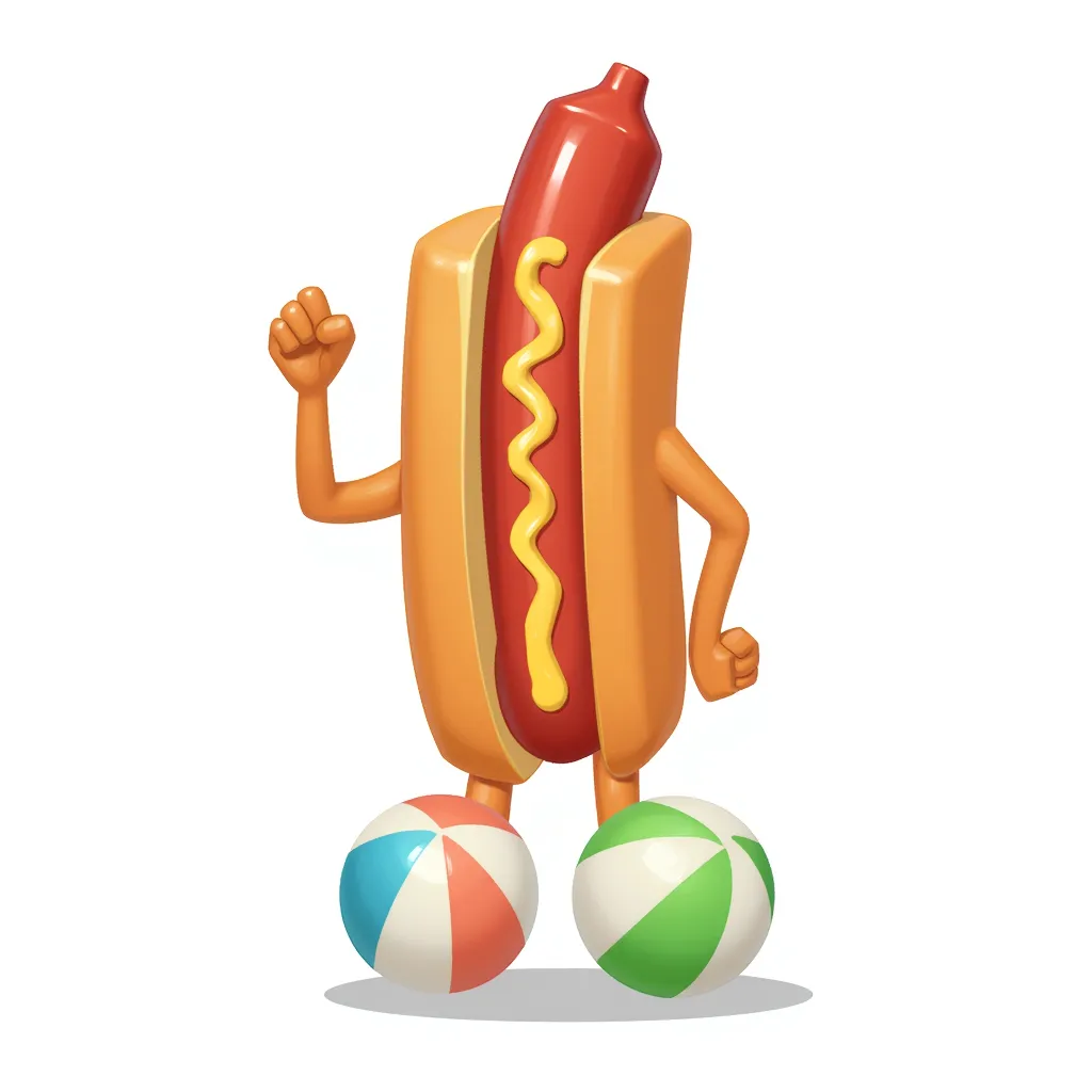 A standing hotdog with two beachballs at its feet