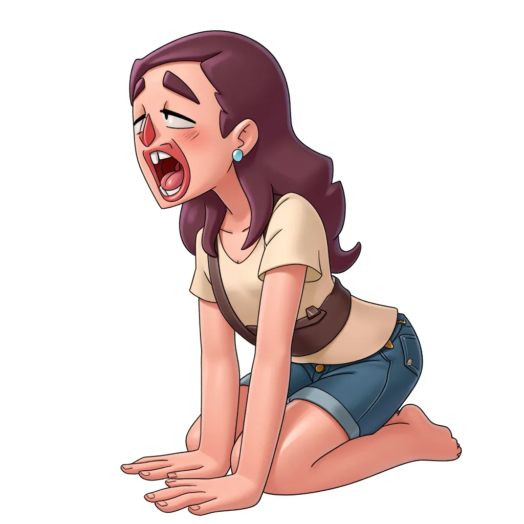 female kneeling, mouth open, tongue out, drooling