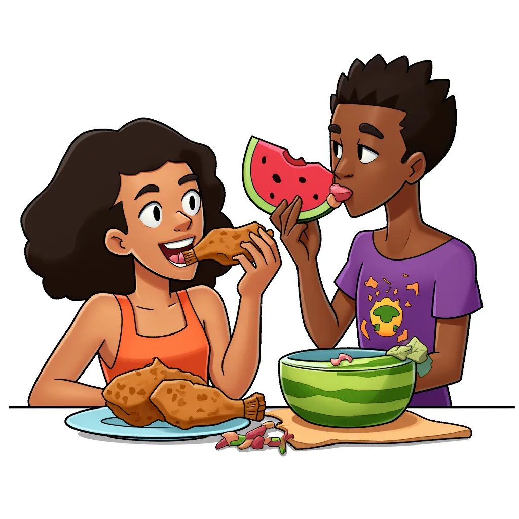 Black people enjoying watermelon and fried chicken