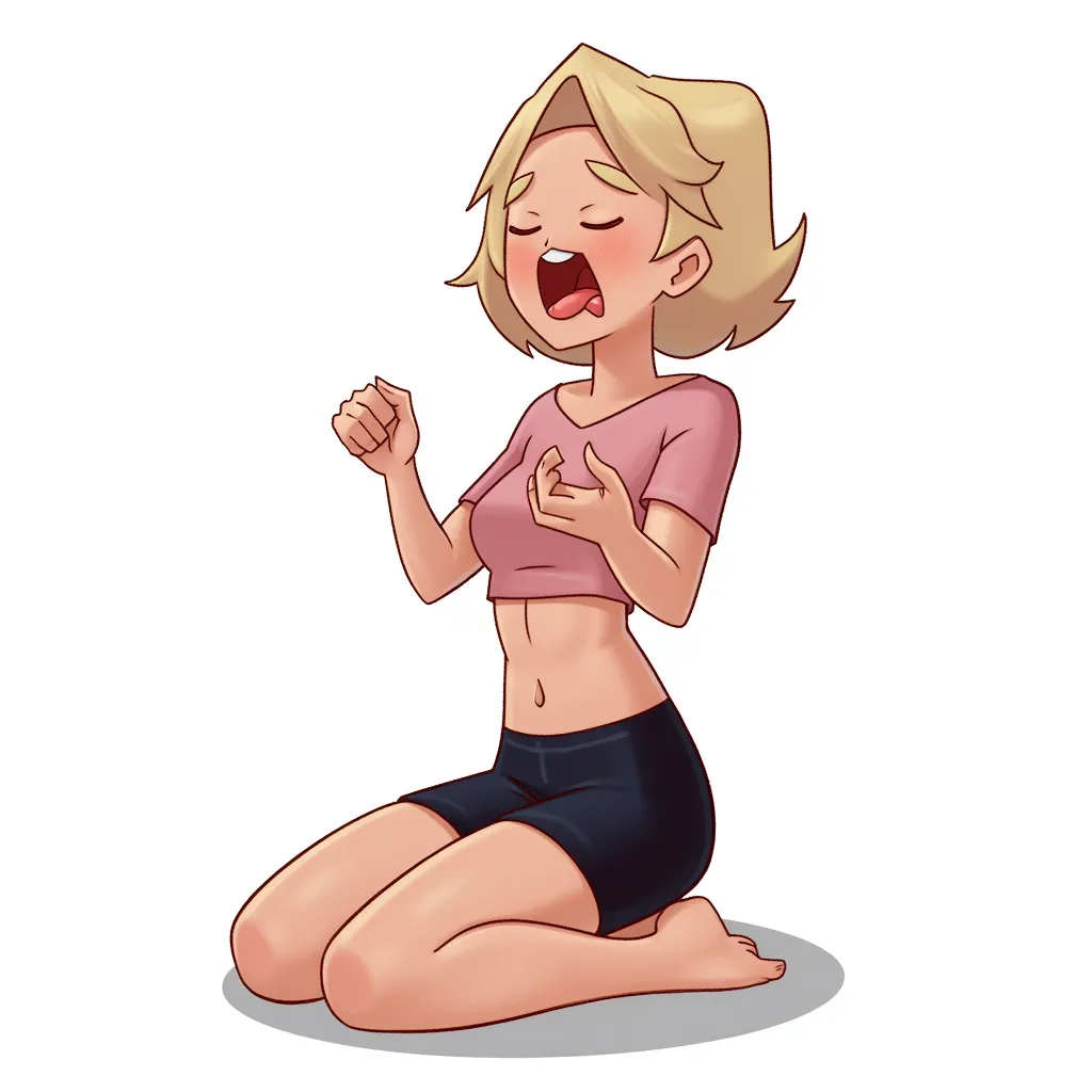 female kneeling, mouth open, tongue out