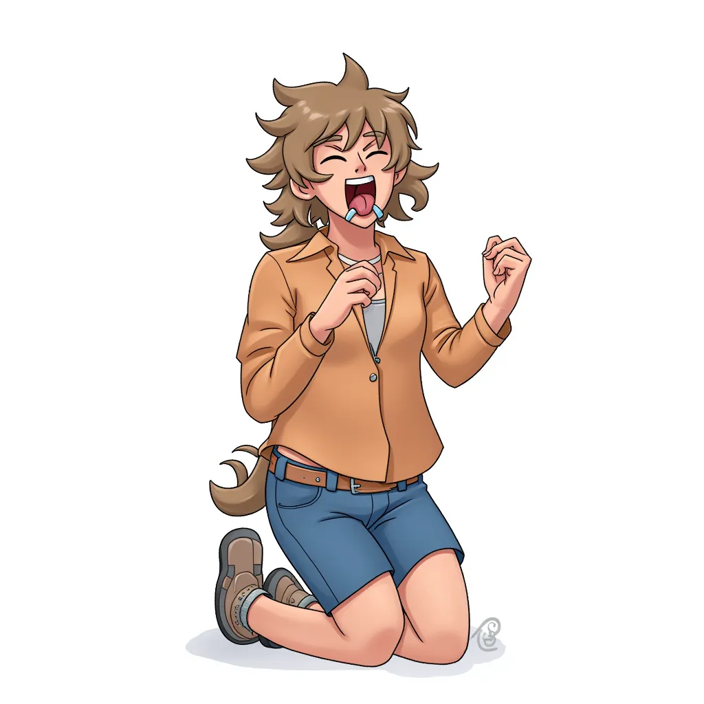 female kneeling, mouth open, tongue out, drooling in the style of AIBG, white background