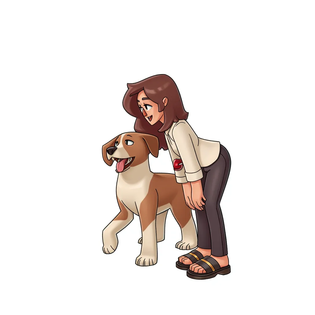 bent over female with a dog behind her