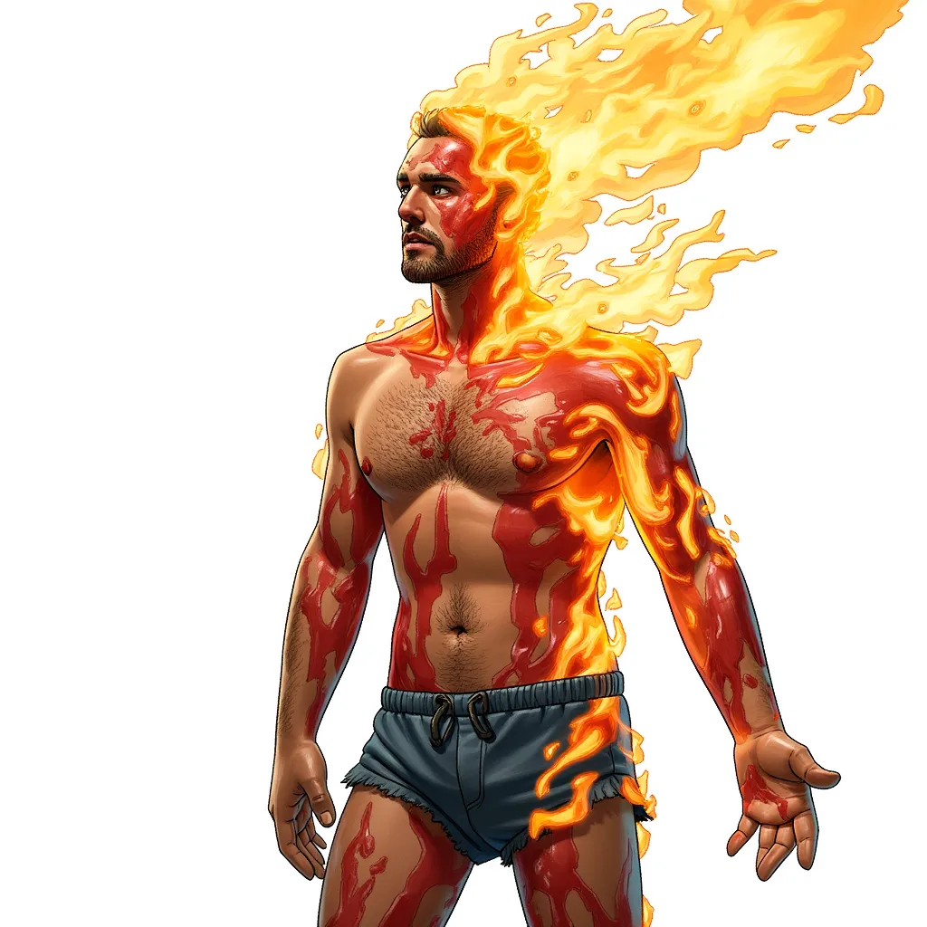 A person on fire and then skin melting into a pool, realistic horror in high definition cinematic and 16:9 amazing cinematography