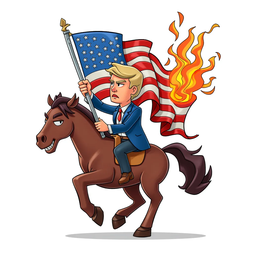 Putin riding trump with a burning american flag in the style of AIBG, white background