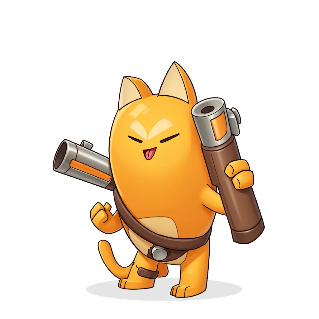 half mango half cat with bazooka arms in the style of AIBG, white background, full body shot