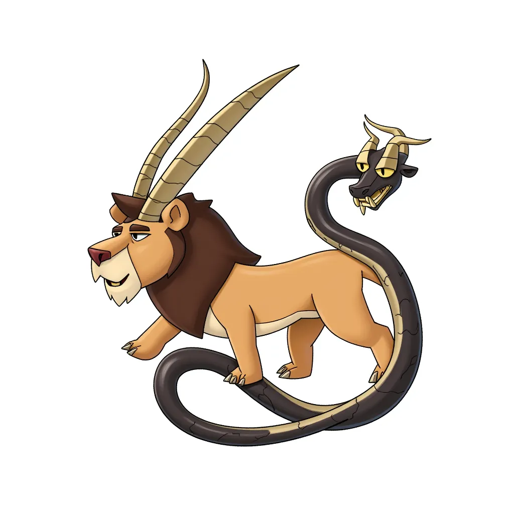 Part lion, horns of a goat and a serpent as a tail, all of these parts are ready to nap.