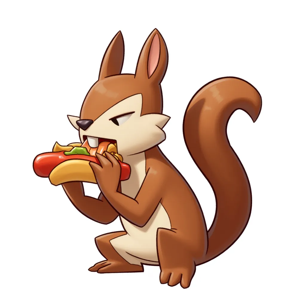 a squirel eating a hotdog in the style of AIBG, white background