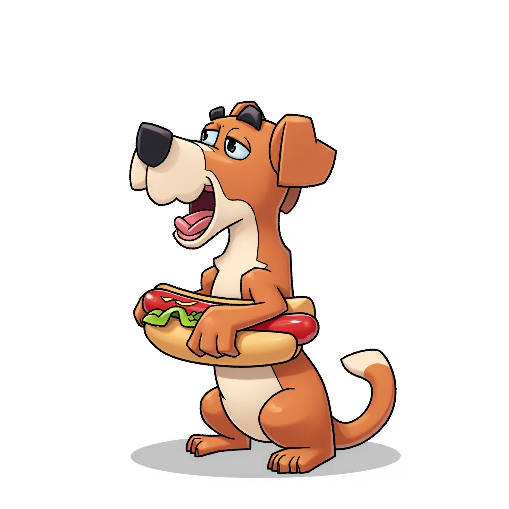 female kneeling mouth open facing dog standing up with a hot dog attached to its stomach
