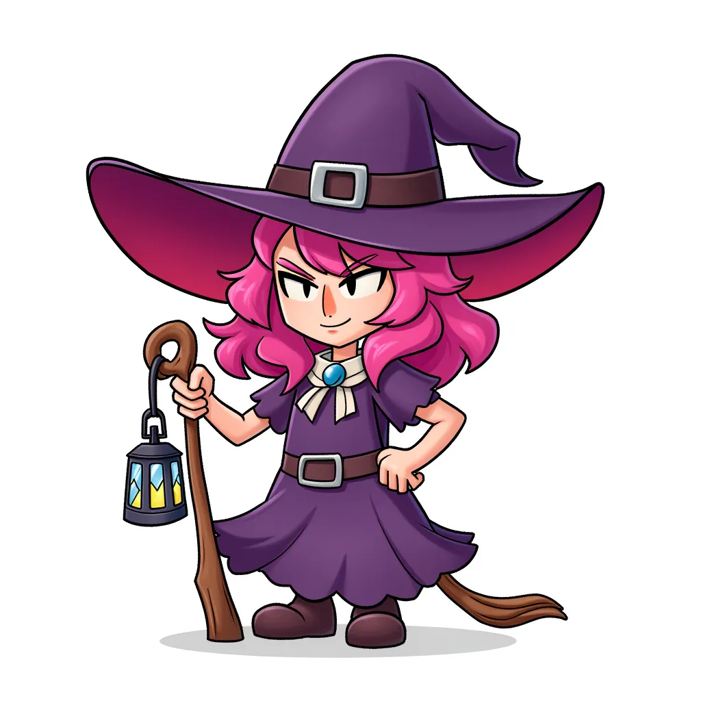 Cute magenta haired witch always has a lantern hanging from her staff.
