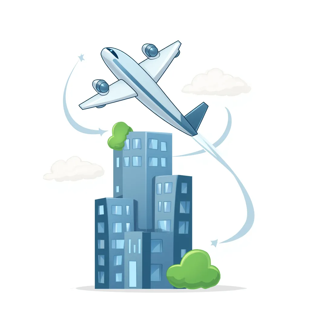 plane flying into tall building in the style of AIBG, white background