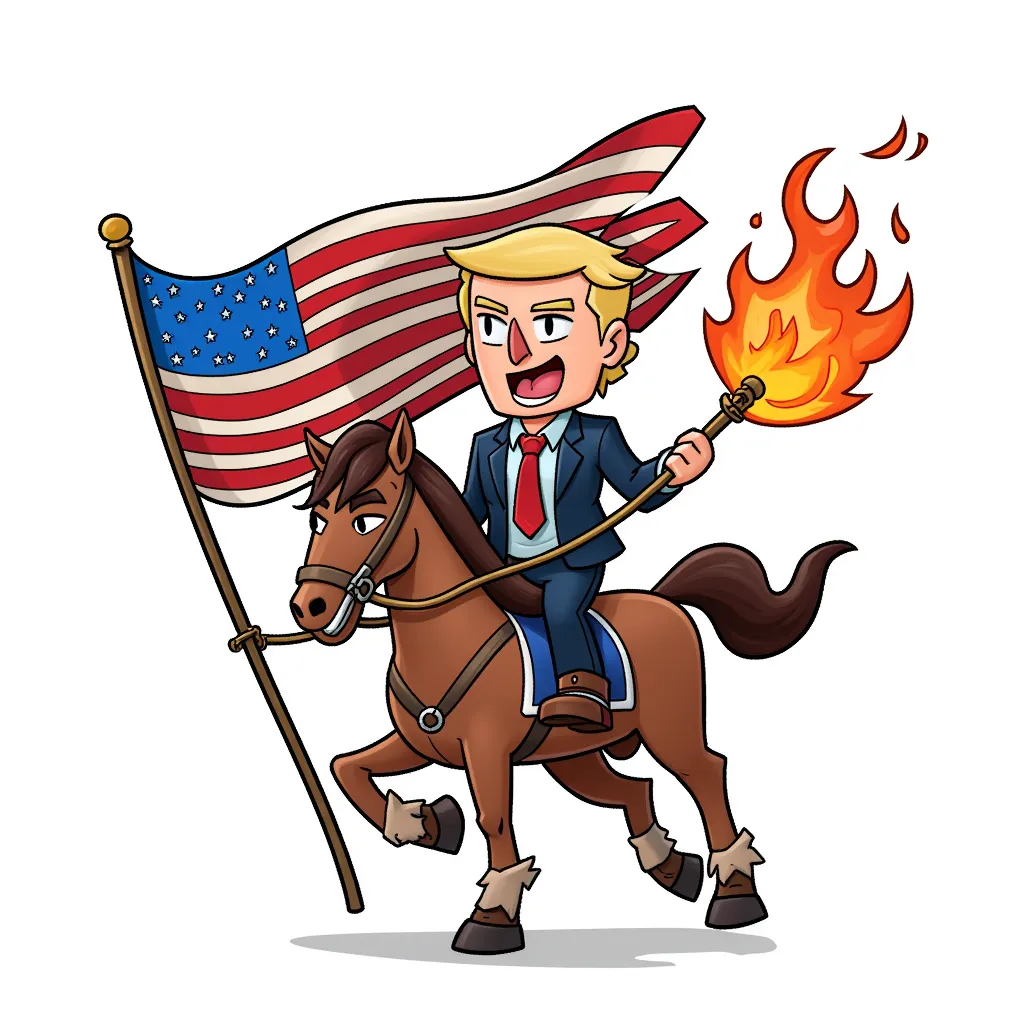 Putin riding trump with a burning american flag
