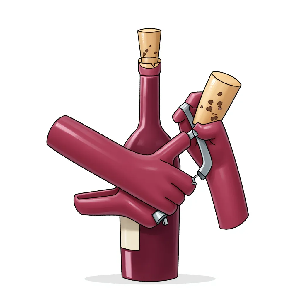 An animated bottle of red wine, with a cork gun and huge arms